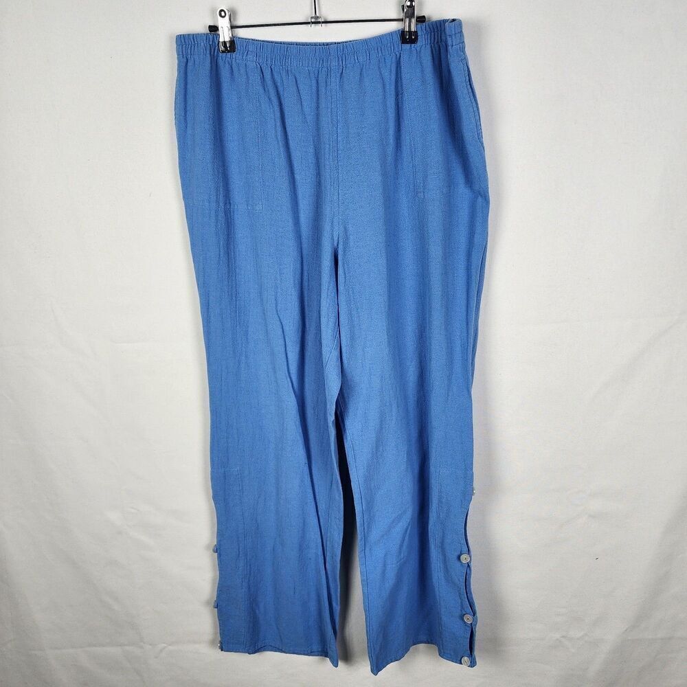 Soft Surroundings Blue 100% Cotton Wide Leg Button Detail Pants Size Large Tall